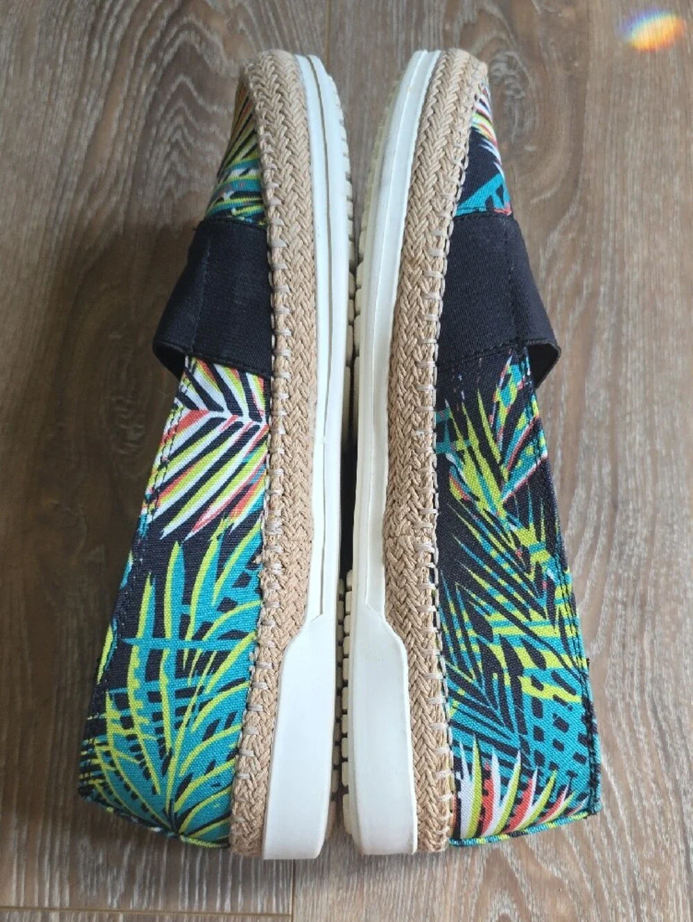 Anne Klein Black Elastic Multicolor Palm Print Espadrilles Sz 10